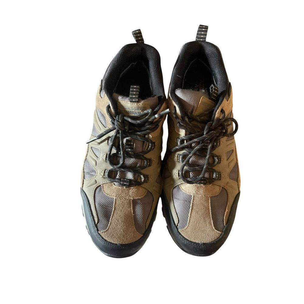 Skechers Mens Taupe Black Lace Up Low Top Round Toe Sneaker Shoes Size 10